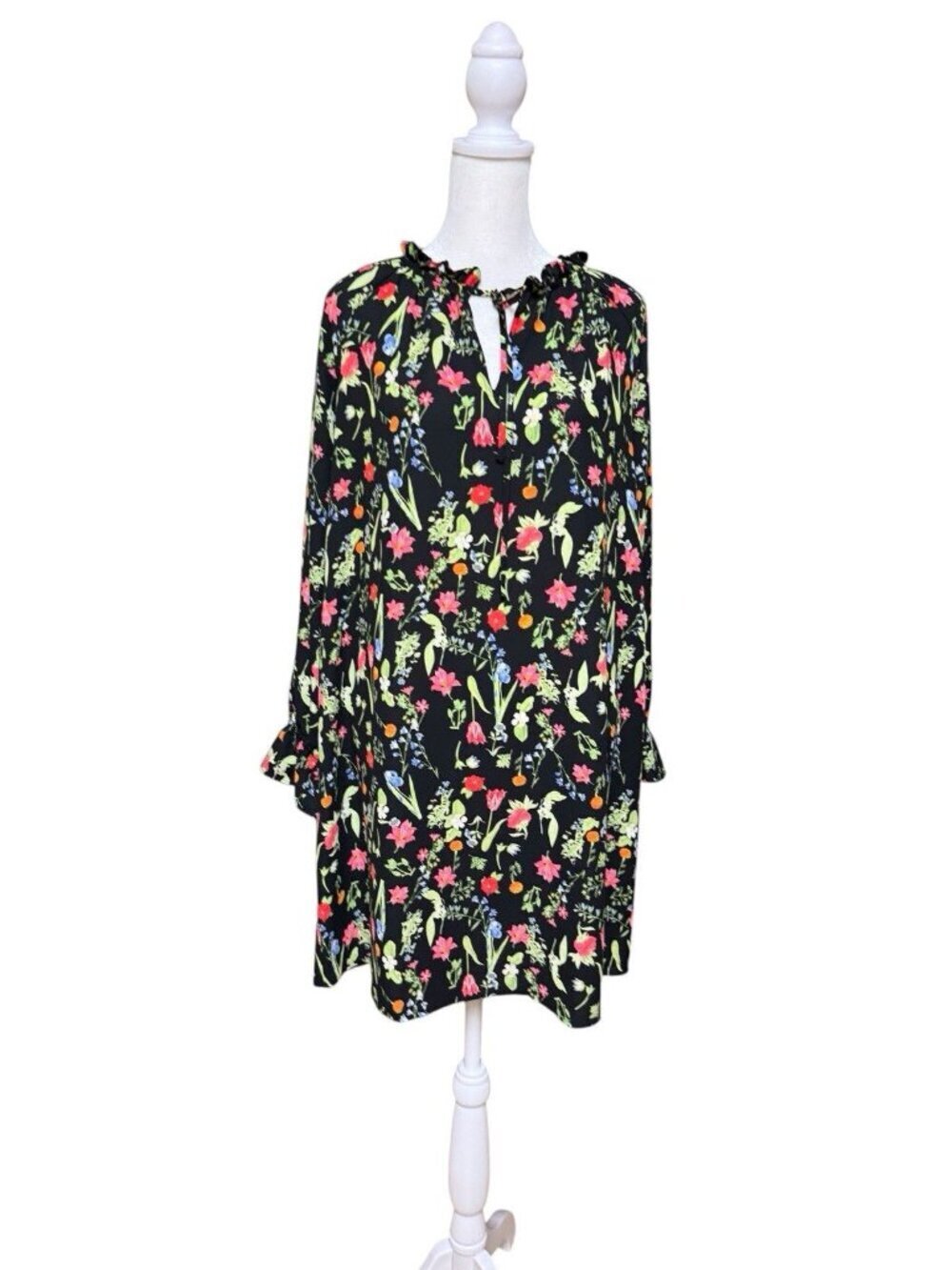 LOFT Floral Shift Dress Black Multicolor Ruffle Neck Petite Medium
